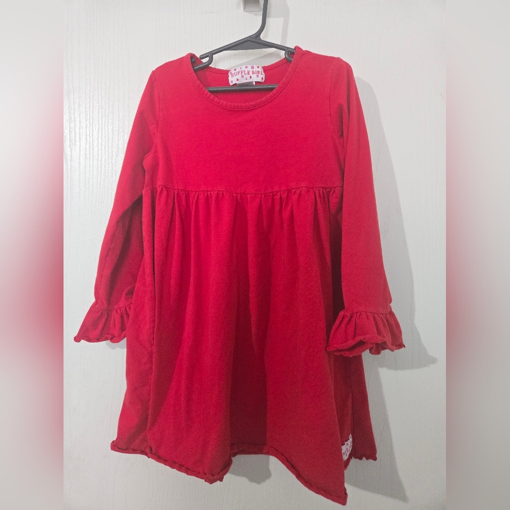 Size 10 Ruffle Girl Red Long Sleeve Long Shirt, Ruffled Flared Cuffs Sleeves.